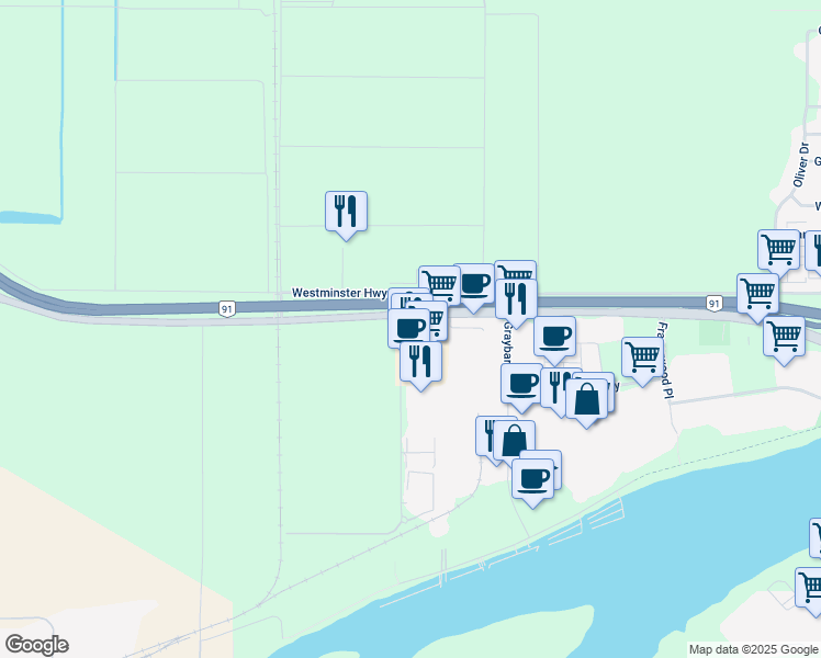map of restaurants, bars, coffee shops, grocery stores, and more near 20800 Westminster Highway in Richmond