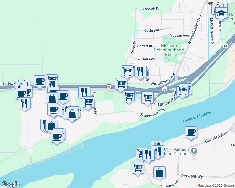 map of restaurants, bars, coffee shops, grocery stores, and more near 21900 Westminster Highway in Richmond