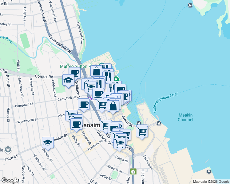 map of restaurants, bars, coffee shops, grocery stores, and more near 55 Front Street in Nanaimo