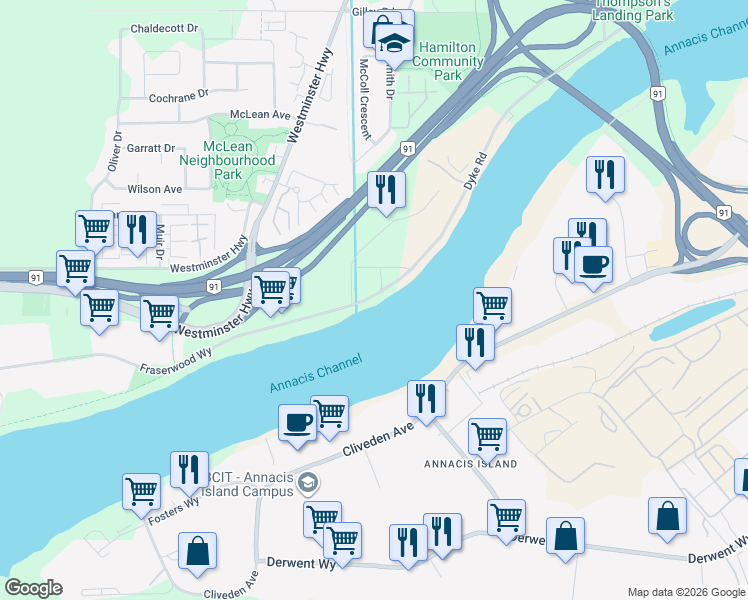 map of restaurants, bars, coffee shops, grocery stores, and more near 23080 Dyke Road in Richmond