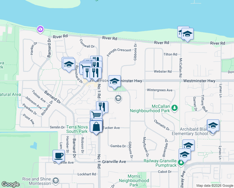 map of restaurants, bars, coffee shops, grocery stores, and more near 6171 Forsyth Crescent in Richmond