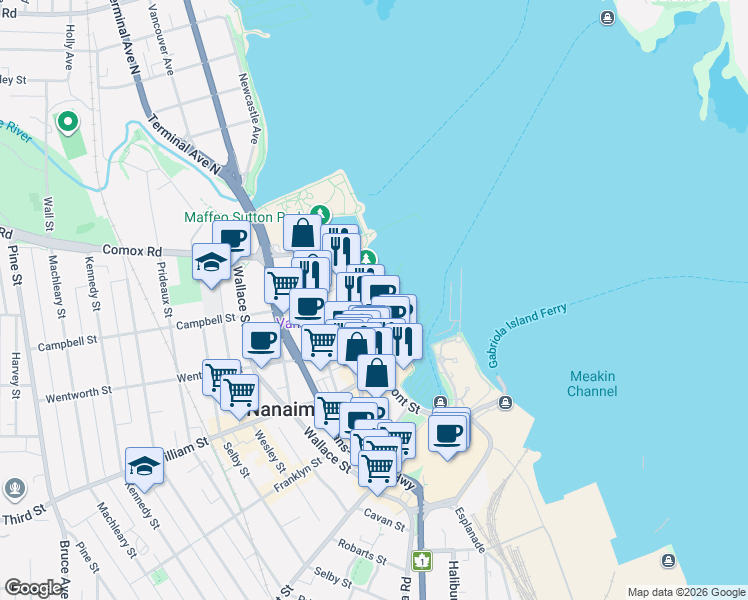 map of restaurants, bars, coffee shops, grocery stores, and more near 54 Anchor Way in Nanaimo
