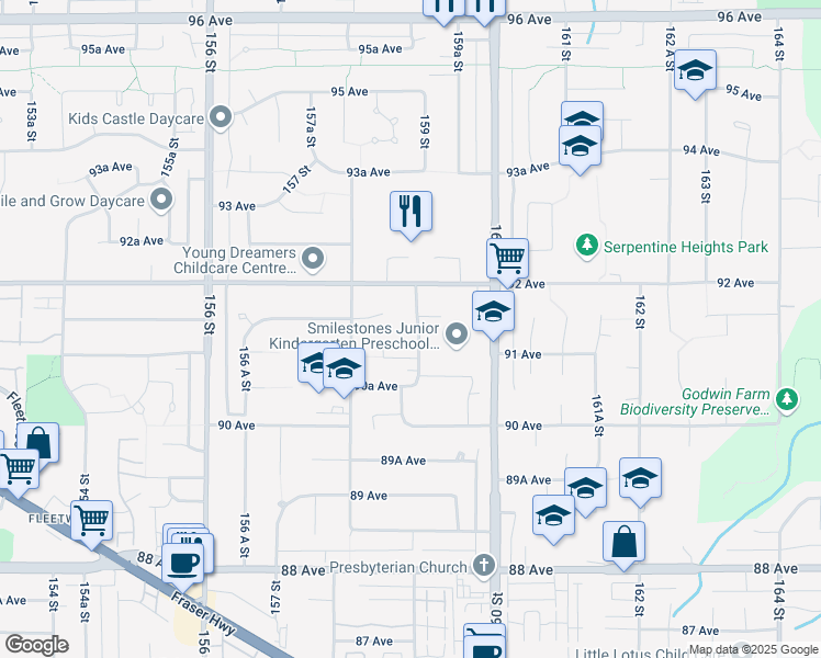 map of restaurants, bars, coffee shops, grocery stores, and more near 9143 159 Street in Surrey