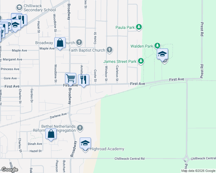 map of restaurants, bars, coffee shops, grocery stores, and more near 46782 First Avenue in Chilliwack