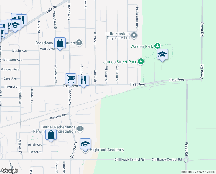 map of restaurants, bars, coffee shops, grocery stores, and more near 46782 First Avenue in Chilliwack