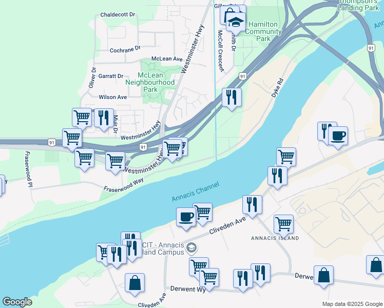 map of restaurants, bars, coffee shops, grocery stores, and more near 22151 Fraserwood Way in Richmond