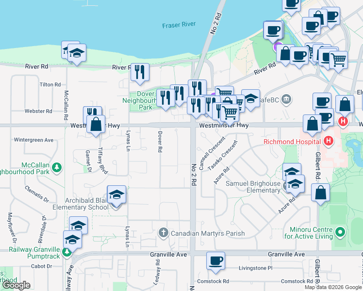 map of restaurants, bars, coffee shops, grocery stores, and more near 6300 Bouchard Court in Richmond