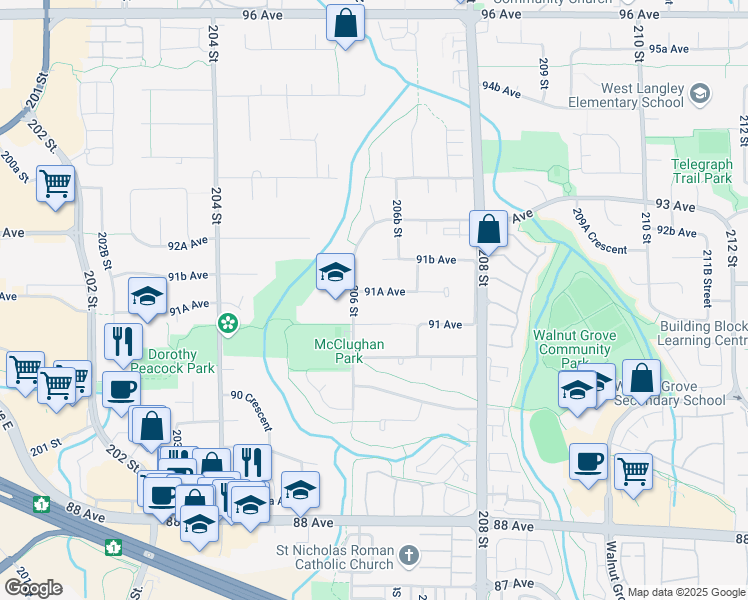 map of restaurants, bars, coffee shops, grocery stores, and more near 20626 91A Avenue in Langley Township