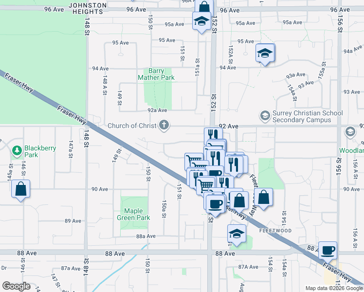 map of restaurants, bars, coffee shops, grocery stores, and more near 15108 91A Avenue in Surrey