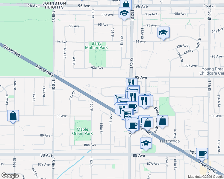 map of restaurants, bars, coffee shops, grocery stores, and more near 15108 91A Avenue in Surrey