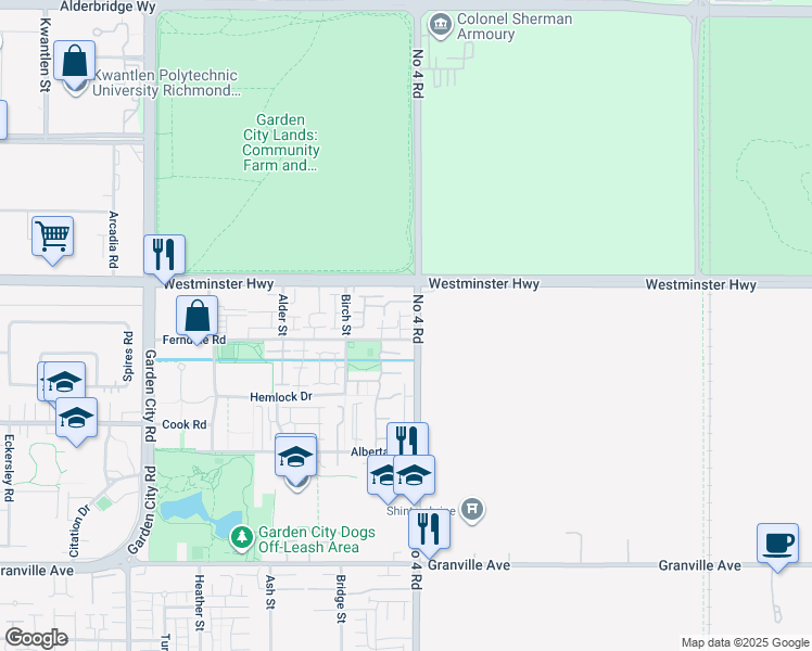 map of restaurants, bars, coffee shops, grocery stores, and more near 9811 Ferndale Road in Richmond