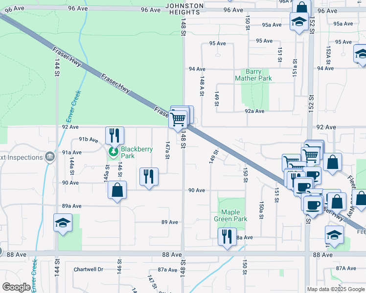 map of restaurants, bars, coffee shops, grocery stores, and more near 148 St & 91a Ave in Surrey