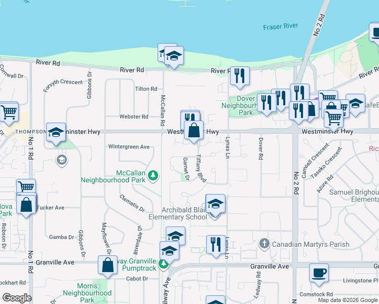 map of restaurants, bars, coffee shops, grocery stores, and more near 5179 Topaz Place in Richmond