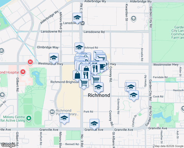 map of restaurants, bars, coffee shops, grocery stores, and more near 8191 Saba Road in Richmond