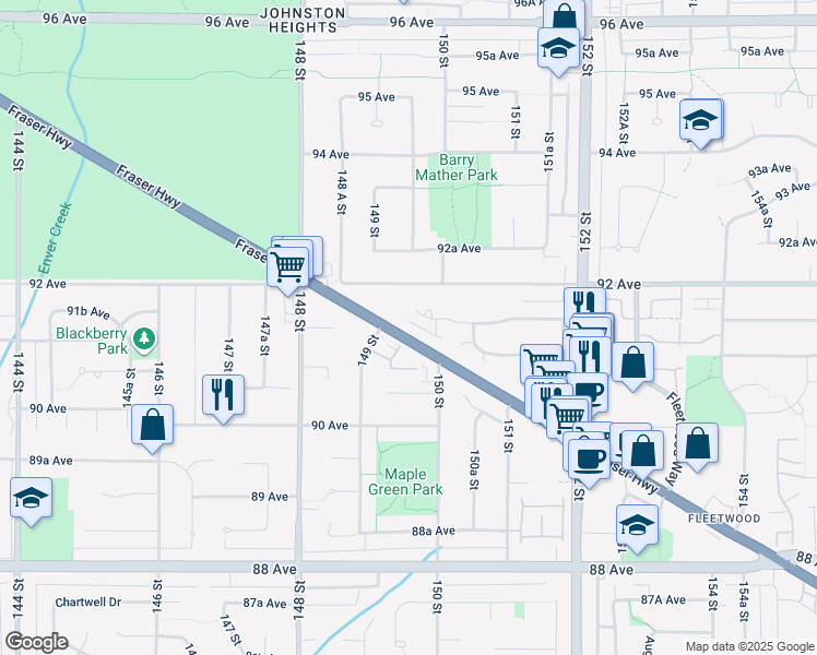 map of restaurants, bars, coffee shops, grocery stores, and more near 14949 Fraser Highway in Surrey