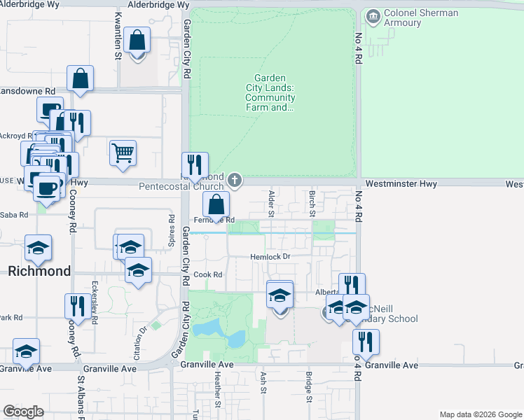 map of restaurants, bars, coffee shops, grocery stores, and more near 9333 Ferndale Road in Richmond