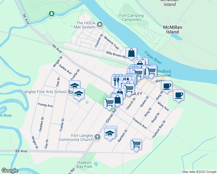 map of restaurants, bars, coffee shops, grocery stores, and more near 23124 96 Avenue in Langley