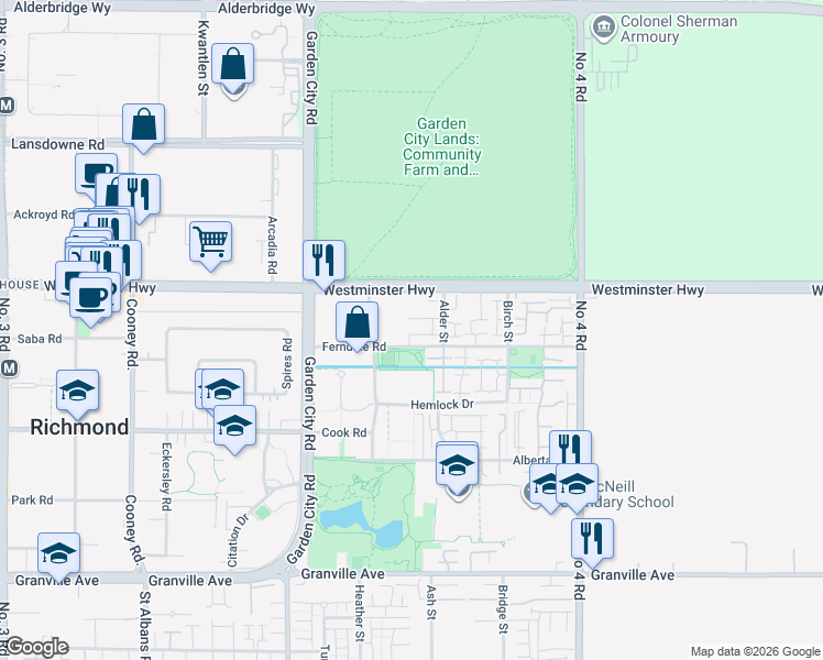 map of restaurants, bars, coffee shops, grocery stores, and more near 103 Ferndale Road in Richmond
