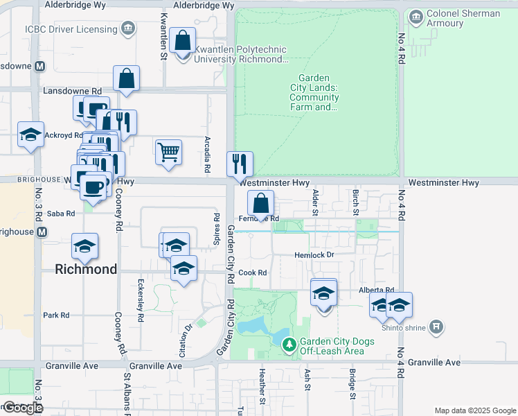 map of restaurants, bars, coffee shops, grocery stores, and more near 9233 Ferndale Road in Richmond