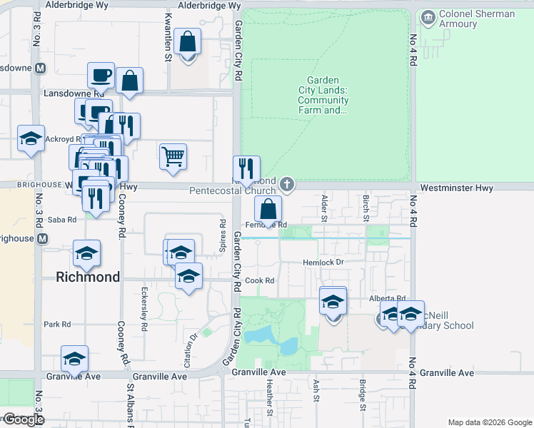 map of restaurants, bars, coffee shops, grocery stores, and more near 9233 Ferndale Road in Richmond