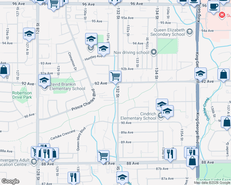 map of restaurants, bars, coffee shops, grocery stores, and more near 9155 132 Street in Surrey
