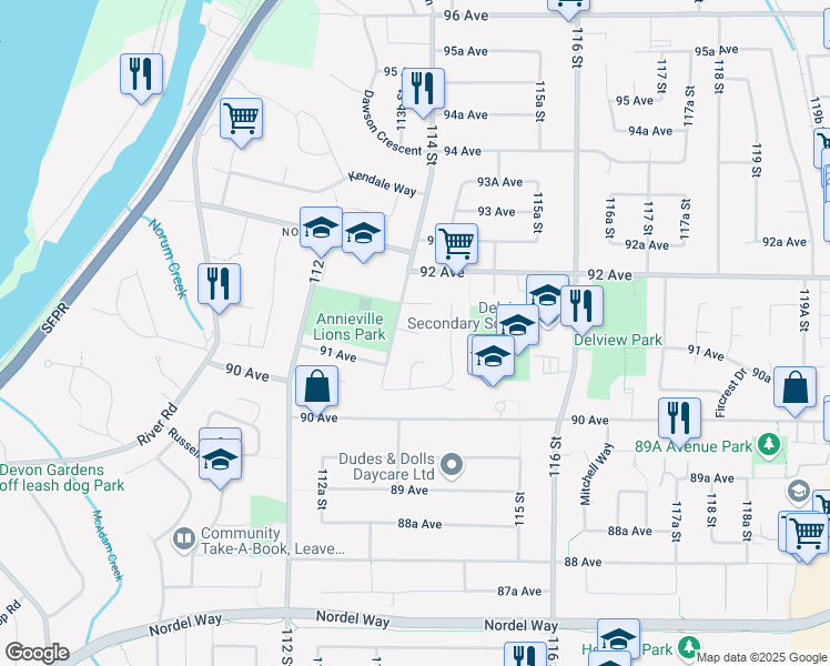 map of restaurants, bars, coffee shops, grocery stores, and more near Annieville Place in Delta