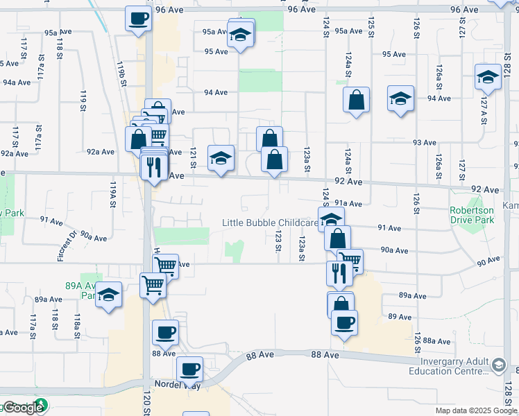 map of restaurants, bars, coffee shops, grocery stores, and more near 9145 122B Street in Surrey
