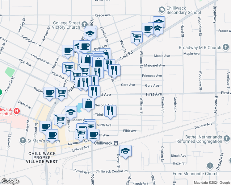 map of restaurants, bars, coffee shops, grocery stores, and more near 46085 First Avenue in Chilliwack