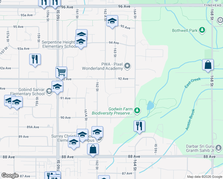 map of restaurants, bars, coffee shops, grocery stores, and more near 16308 91A Avenue in Surrey
