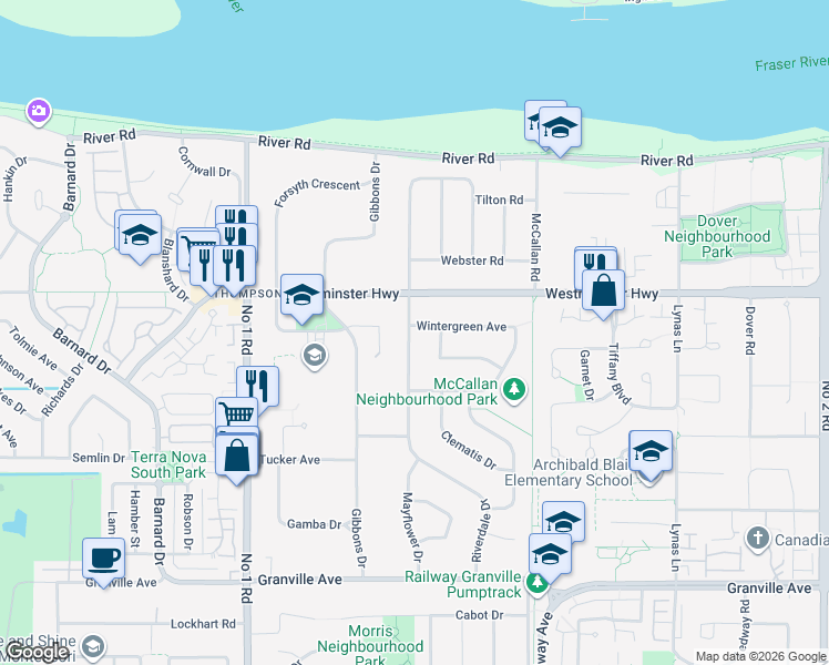 map of restaurants, bars, coffee shops, grocery stores, and more near 6100 Riverdale Drive in Richmond