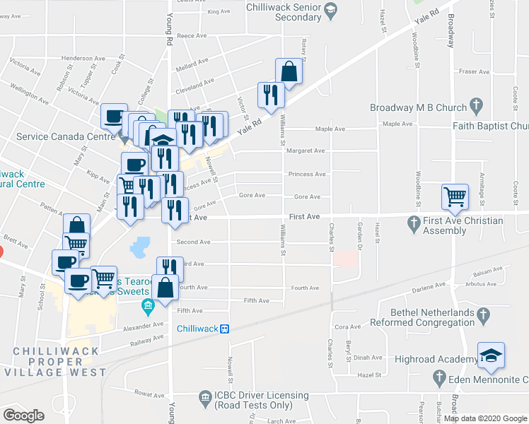 map of restaurants, bars, coffee shops, grocery stores, and more near 46183 First Avenue in Chilliwack