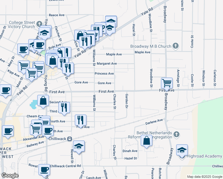 map of restaurants, bars, coffee shops, grocery stores, and more near 9215 Charles Street in Chilliwack