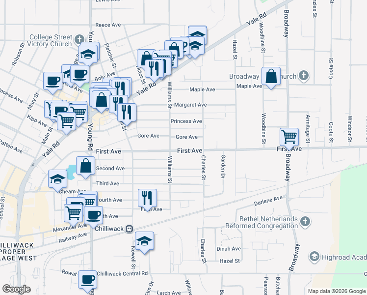map of restaurants, bars, coffee shops, grocery stores, and more near 46249 First Avenue in Chilliwack