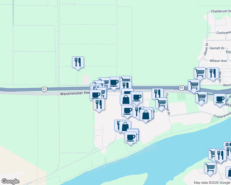 map of restaurants, bars, coffee shops, grocery stores, and more near 21000 Westminster Highway in Richmond