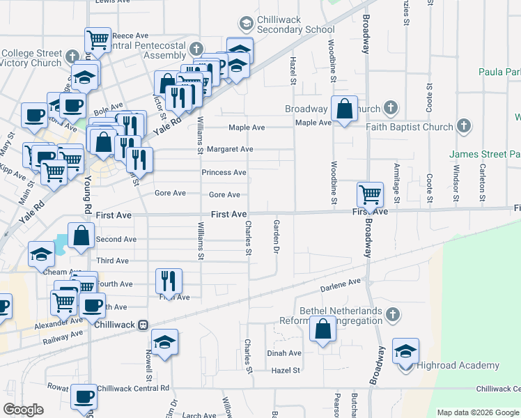 map of restaurants, bars, coffee shops, grocery stores, and more near 9195 Aspen Place in Chilliwack