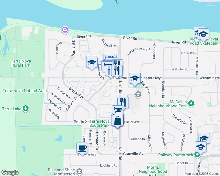 map of restaurants, bars, coffee shops, grocery stores, and more near 3880 Westminster Highway in Richmond
