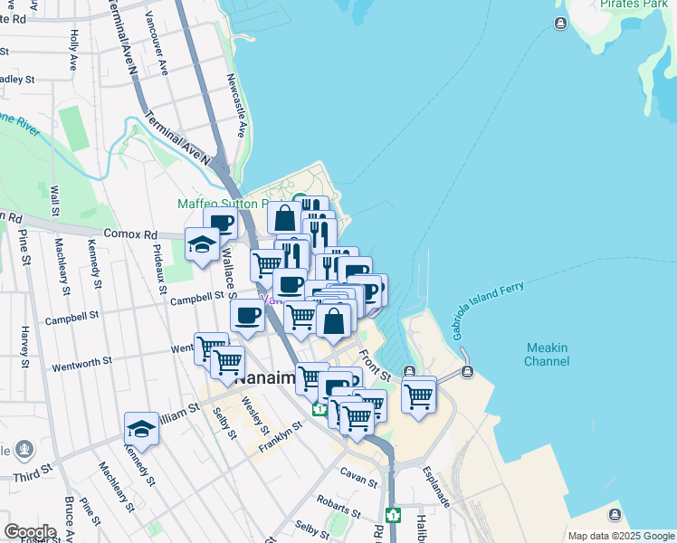 map of restaurants, bars, coffee shops, grocery stores, and more near 55 Front Street in Nanaimo