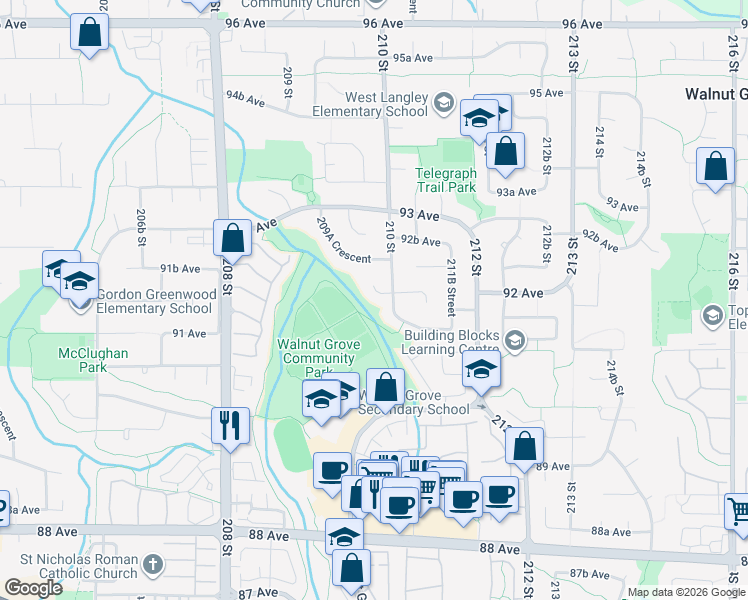 map of restaurants, bars, coffee shops, grocery stores, and more near 20978 92 Avenue in Langley Township