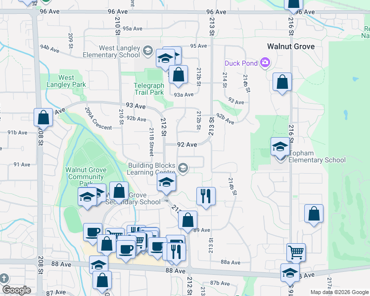 map of restaurants, bars, coffee shops, grocery stores, and more near 21226 92 Avenue in Langley Township