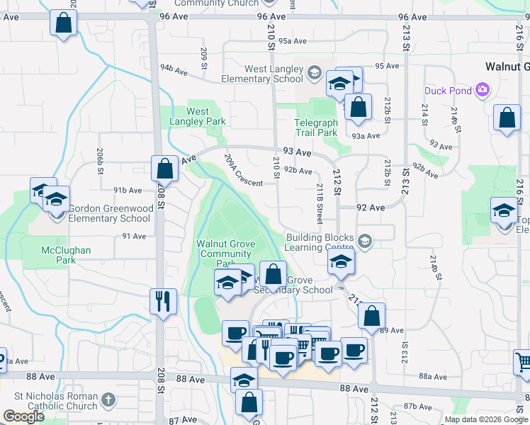 map of restaurants, bars, coffee shops, grocery stores, and more near 20978 92 Avenue in Langley Township