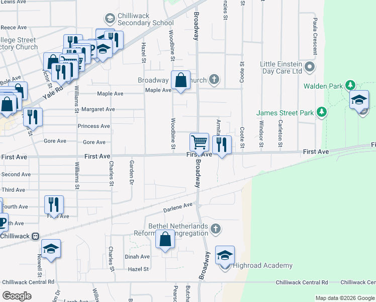 map of restaurants, bars, coffee shops, grocery stores, and more near 46565 First Avenue in Chilliwack