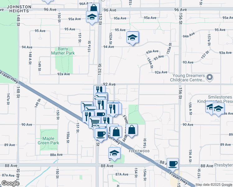 map of restaurants, bars, coffee shops, grocery stores, and more near 9168 Fleetwood Way in Surrey