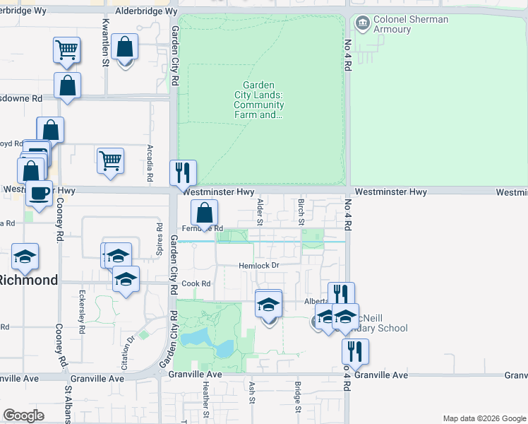 map of restaurants, bars, coffee shops, grocery stores, and more near 6180 Alder Street in Richmond