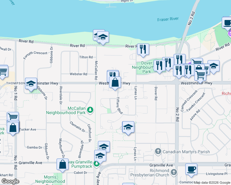 map of restaurants, bars, coffee shops, grocery stores, and more near 5188 Westminster Highway in Richmond