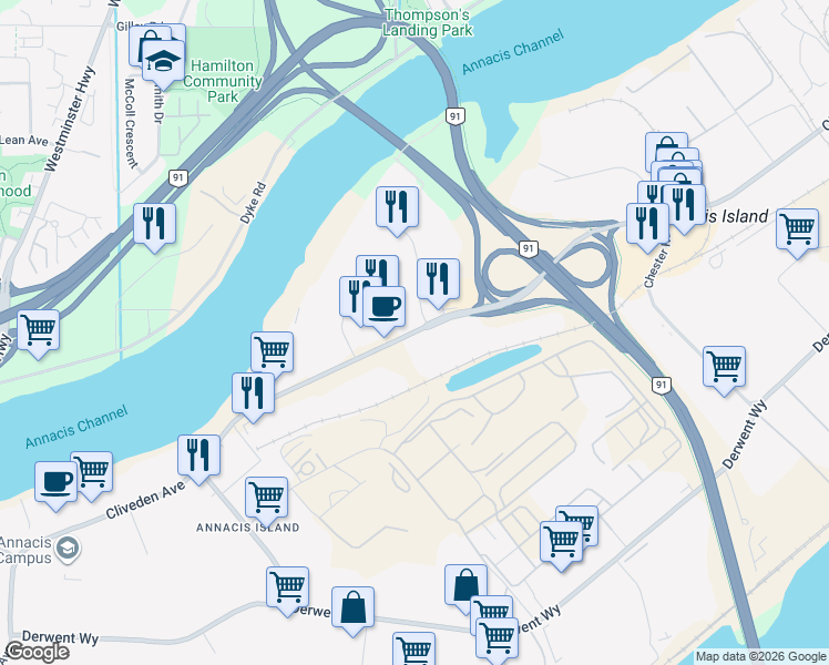 map of restaurants, bars, coffee shops, grocery stores, and more near Cliveden Avenue in Delta