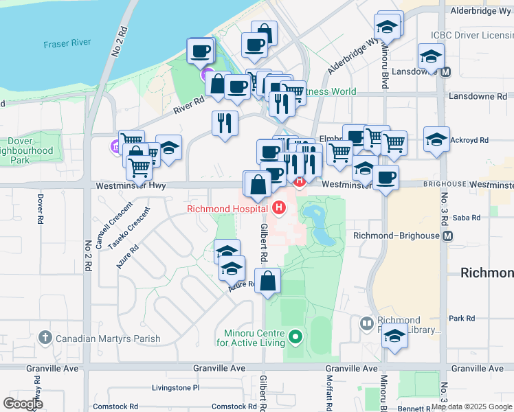 map of restaurants, bars, coffee shops, grocery stores, and more near 6091 Gilbert Road in Richmond