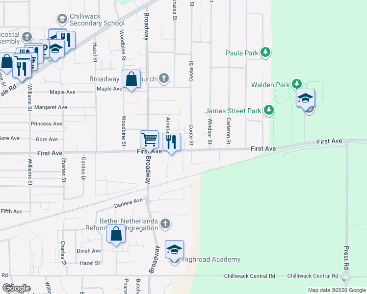 map of restaurants, bars, coffee shops, grocery stores, and more near 46689 First Avenue in Chilliwack