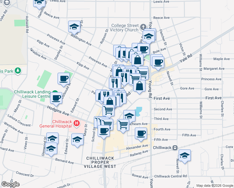 map of restaurants, bars, coffee shops, grocery stores, and more near 104 Spadina Avenue in Chilliwack