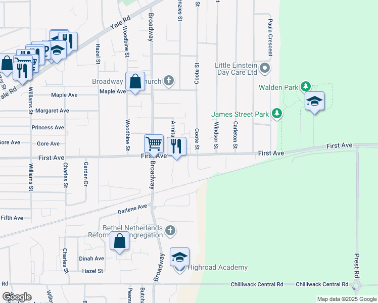 map of restaurants, bars, coffee shops, grocery stores, and more near 46689 First Avenue in Chilliwack