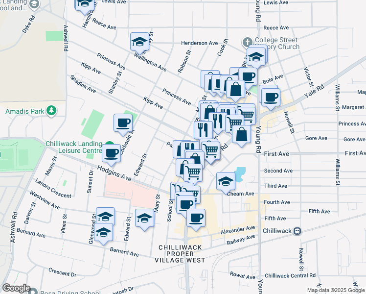 map of restaurants, bars, coffee shops, grocery stores, and more near in Chilliwack